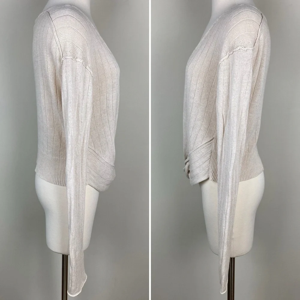 Free People Got Me Twisted Sweater Beige Sz S Front Knot Linen Blend Long Sleeve